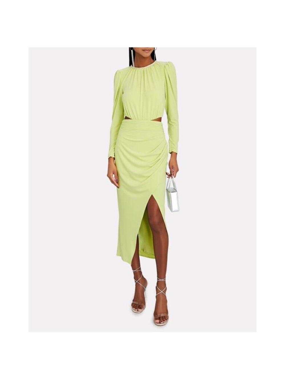 Self-Portrait Lime Green Ruched Midi Dress with Front Slit